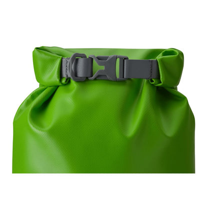 The NRS Tuff Sack is a green dry bag with a gray StormStrip system buckle closure on a white background, made from ultra-durable waterproof PVC.