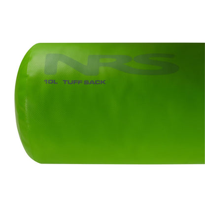 Close-up of a green NRS Tuff Sack dry bag showcasing the StormStrip system, with "10L" on the side.