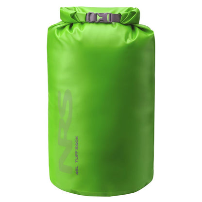 The NRS Tuff Sack is a vibrant green dry bag featuring the brand logo and side text. It has a roll-top closure with a buckle and uses the StormStrip system for added protection.