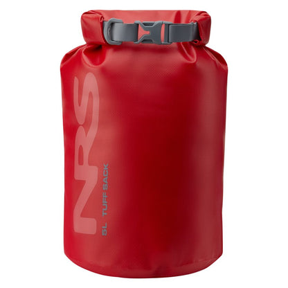 The NRS Tuff Sack 5L is a red ultra-durable dry bag with a gray buckle, featuring waterproof PVC and the StormStrip closure system, ideal for keeping gear safe and dry.
.