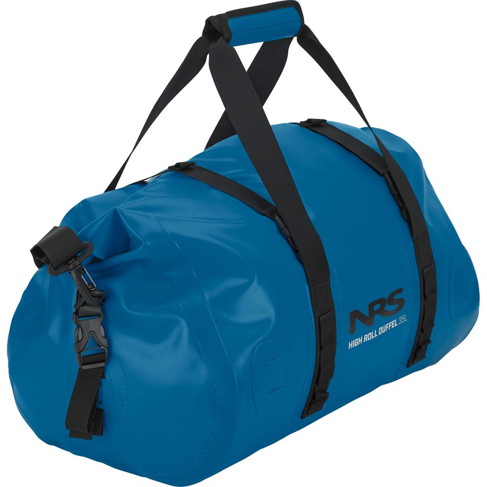 Blue waterproof High Roll Duffel Dry Bag by NRS features black straps, a sturdy buckle closure, durable PVC construction, and an innovative StormStrip closure for enhanced protection. Capacity is 35L.