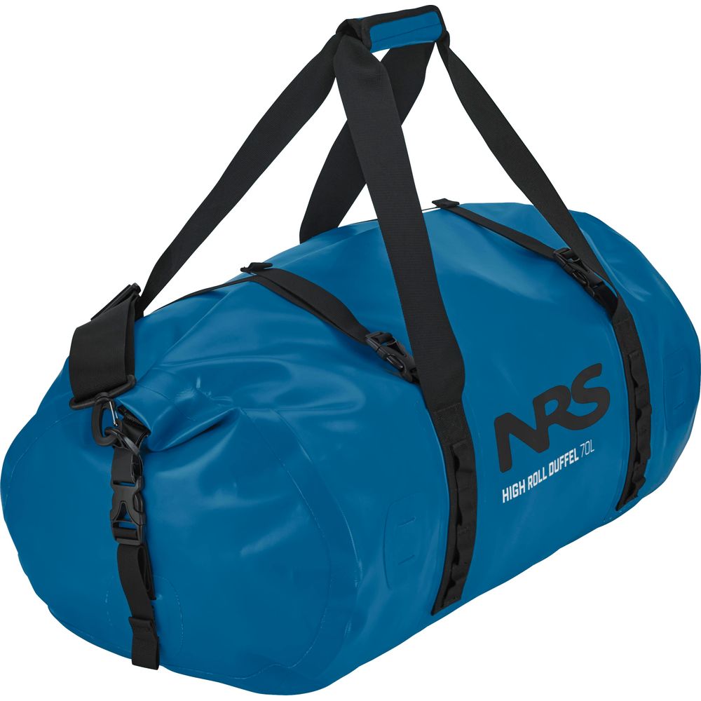 The NRS High Roll Duffel Dry Bag, in blue, features black adjustable straps, buckle closures, and robust PVC construction for durability. Labeled "HIGH ROLL DUFFEL 70L," it offers a reliable StormStrip closure, comparable to premium dry bags for adventurous use.
