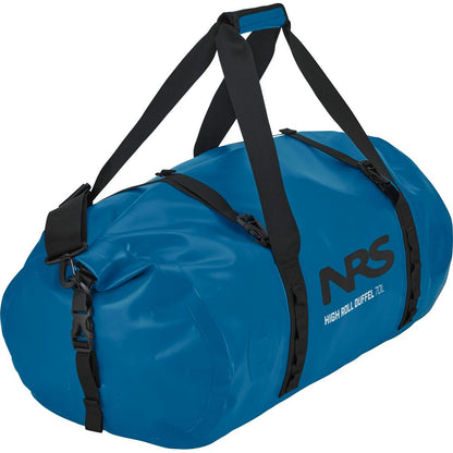 The NRS High Roll Duffel Dry Bag, in blue, features black adjustable straps, buckle closures, and robust PVC construction for durability. Labeled "HIGH ROLL DUFFEL 70L," it offers a reliable StormStrip closure, comparable to premium dry bags for adventurous use.