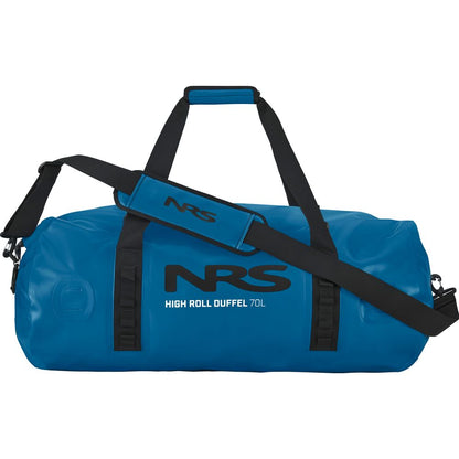 The NRS High Roll Duffel Dry Bag in blue offers a 70-liter capacity, featuring black straps and a comfy shoulder pad. Made from PVC-Free TobaTex with a secure StormStrip™ closure, it's ideal for anyone needing a durable dry bag.