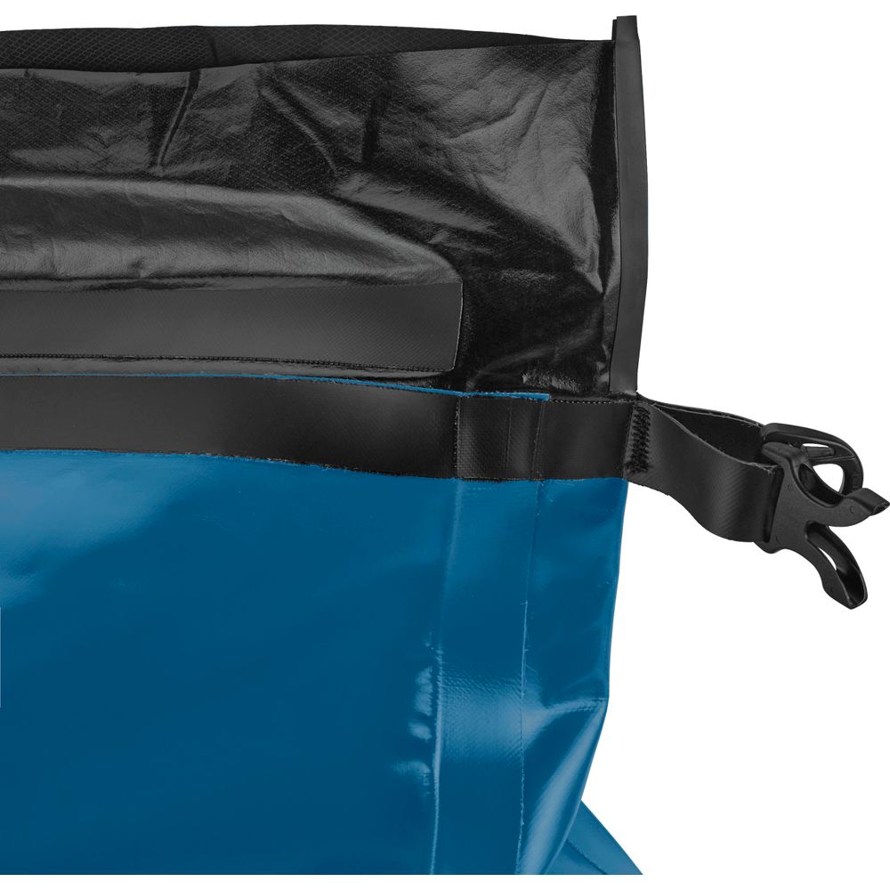 Close-up of a blue NRS High Roll Duffel Dry Bag with a PVC-Free TobaTex design, featuring a StormStrip™ roll-top closure, black buckle, and strap for sealing and securing the top.