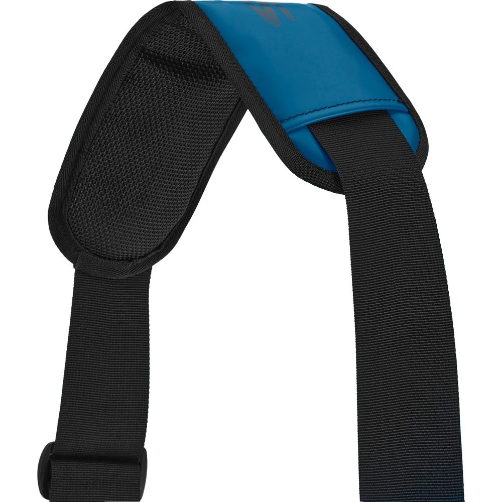 Close-up of a blue and black padded strap with an adjustable buckle on the NRS High Roll Duffel Dry Bag, featuring the innovative StormStrip™ closure for enhanced security.