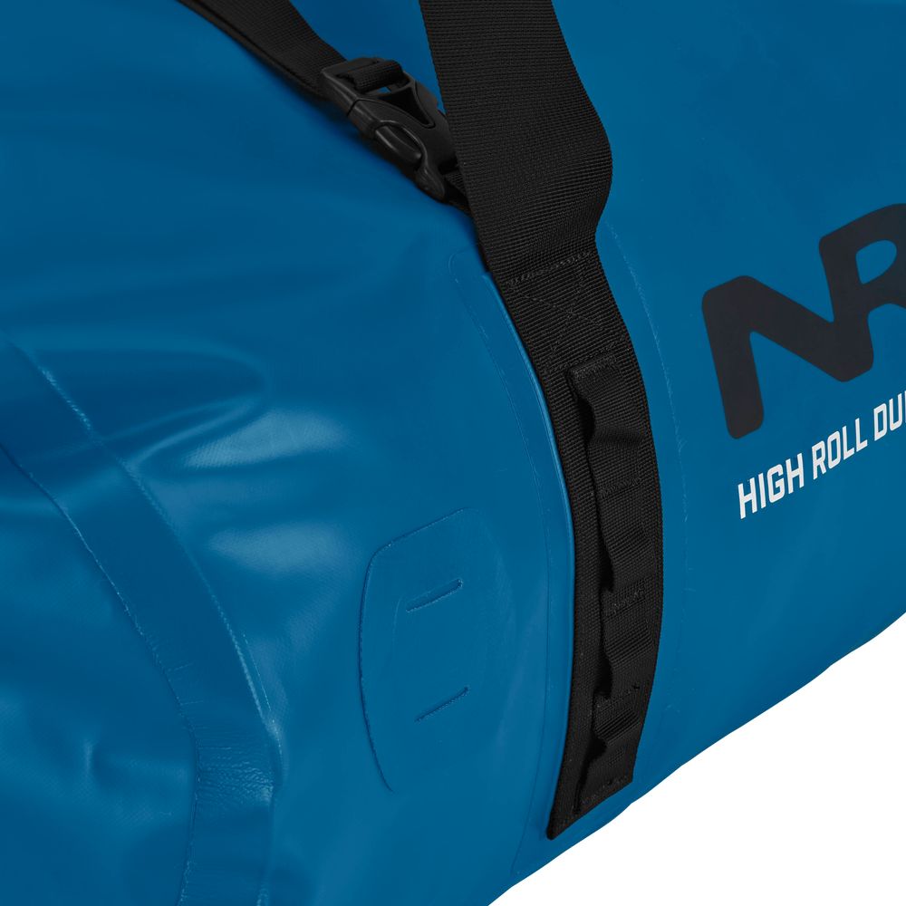 Close-up of NRS "High Roll Duffel Dry Bag," a blue waterproof duffel with black straps and buckles, made with durable PVC. The text highlights its dependable StormStrip closure, similar to premium dry bags.