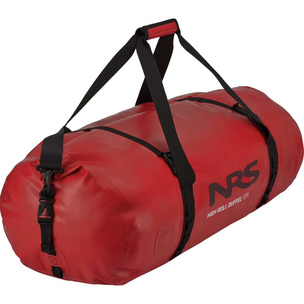 A red High Roll Duffel Dry Bag by NRS, featuring black straps and a StormStrip™ closure, sits on a white background.