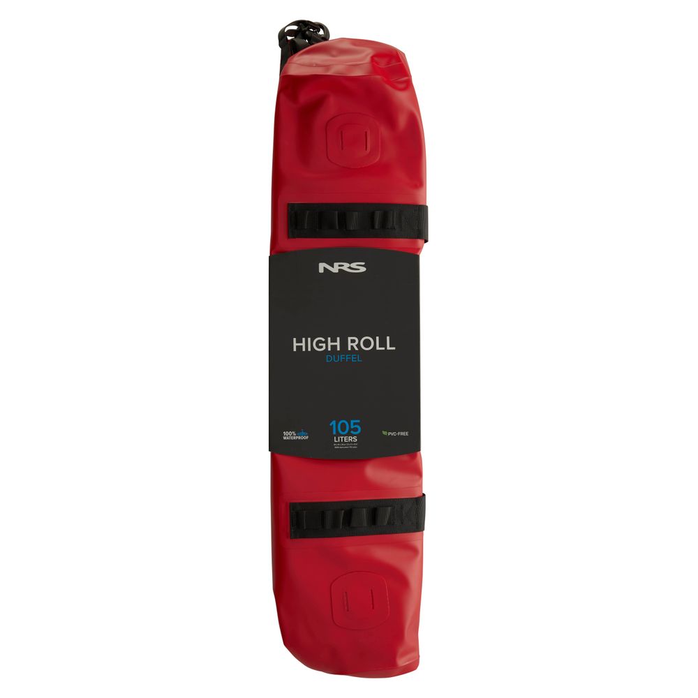 The NRS High Roll Duffel Dry Bag, in red and made with PVC-Free TobaTex, has a 105-liter capacity indicated by a black label. Designed for adventure, it features the StormStrip™ closure to keep belongings secure and dry.