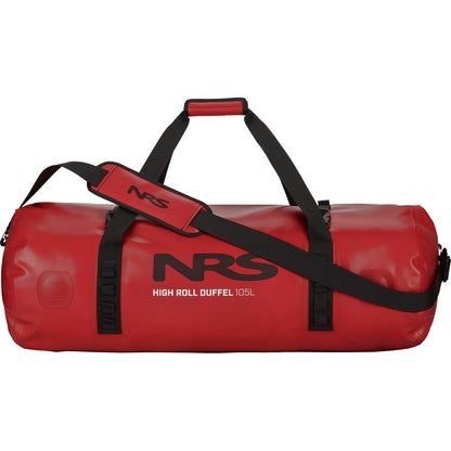 The NRS High Roll Duffel Dry Bag in red features black handles, an adjustable shoulder strap, and a StormStrip™ closure. Made from durable PVC-Free TobaTex, it's ideal for those seeking high-quality dry bags.