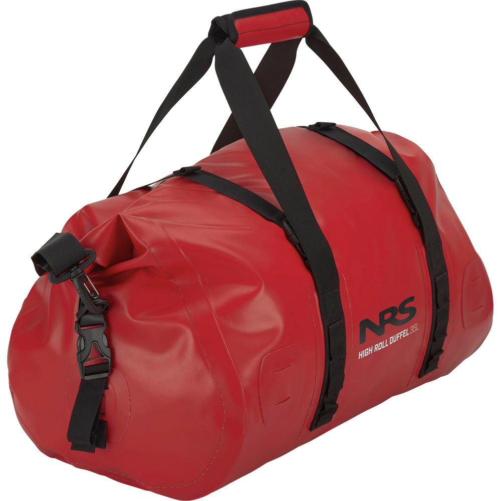 The NRS High Roll Duffel Dry Bag, in red with black straps and buckles, has durable PVC construction and a StormStrip closure, making it perfect for keeping your gear safe.