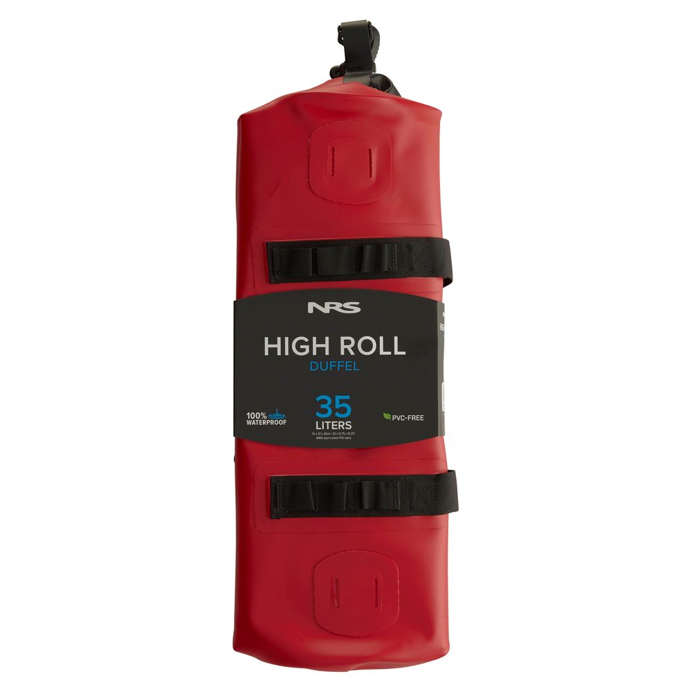 The NRS High Roll Duffel Dry Bag in red offers a 35-liter capacity with a StormStrip™ closure. Made from PVC-Free TobaTex, it is displayed rolled up, showcasing its black straps and branding.