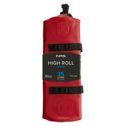 The NRS High Roll Duffel Dry Bag in red offers a 35-liter capacity with a StormStrip™ closure. Made from PVC-Free TobaTex, it is displayed rolled up, showcasing its black straps and branding.