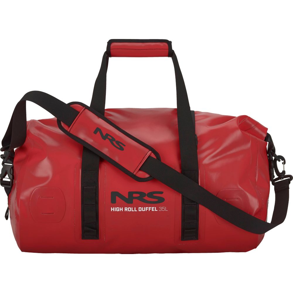 The NRS High Roll Duffel Dry Bag, in red with black straps and logo, is made from PVC-Free TobaTex. Its StormStrip™ closure offers superior protection against the elements, making it an excellent choice among dry bags.