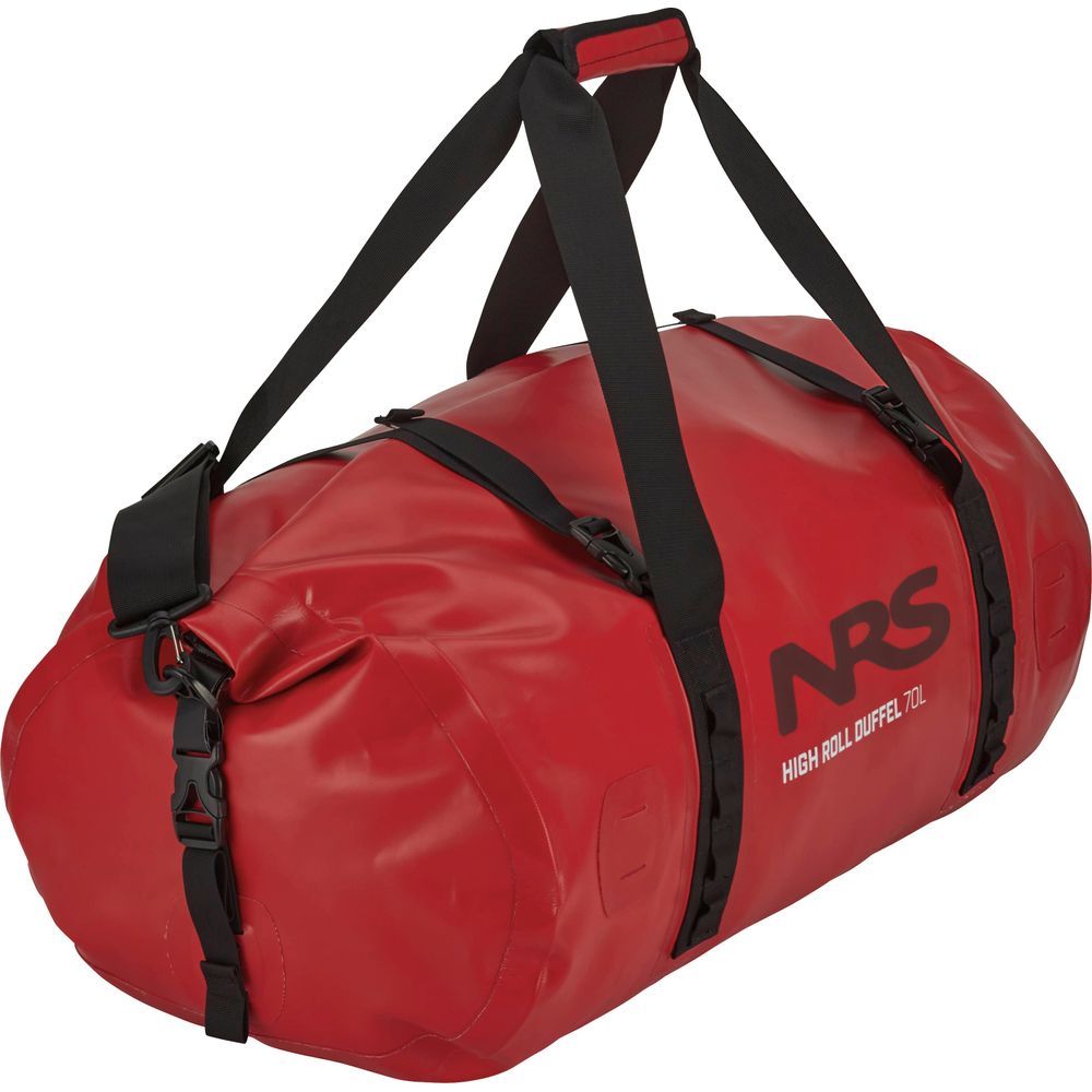 Red NRS High Roll Duffel Dry Bag, crafted from PVC-Free TobaTex, features black straps, "NRS High Roll Duffel 70L" text on the side, and a reliable StormStrip™ closure.
