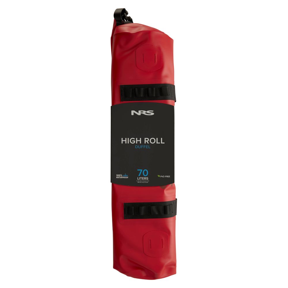 The "High Roll Duffel Dry Bag" by NRS, with a 70-liter capacity, features a durable StormStrip™ closure. Made from PVC-Free TobaTex, it offers the protective design and reliability similar to Dry Bags.