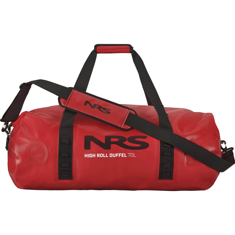 The NRS High Roll Duffel Dry Bag is a red PVC duffel with black straps, featuring "NRS High Roll Duffel 70L." It offers secure, weather-resistant storage with a StormStrip closure, ideal for adventurers seeking dependable dry bags.