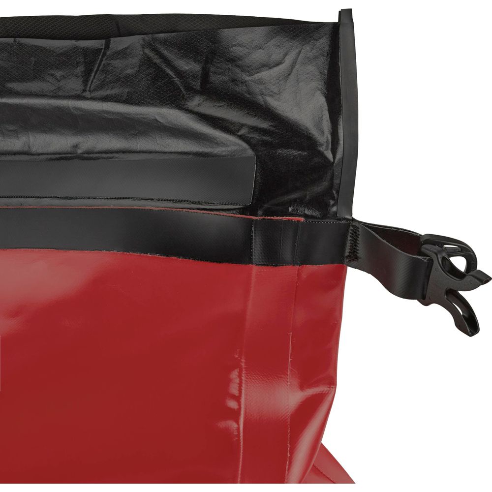 The NRS High Roll Duffel Dry Bag in red and black has a StormStrip™ roll-top closure with a black buckle strap, crafted from PVC-Free TobaTex for dependable waterproof protection.