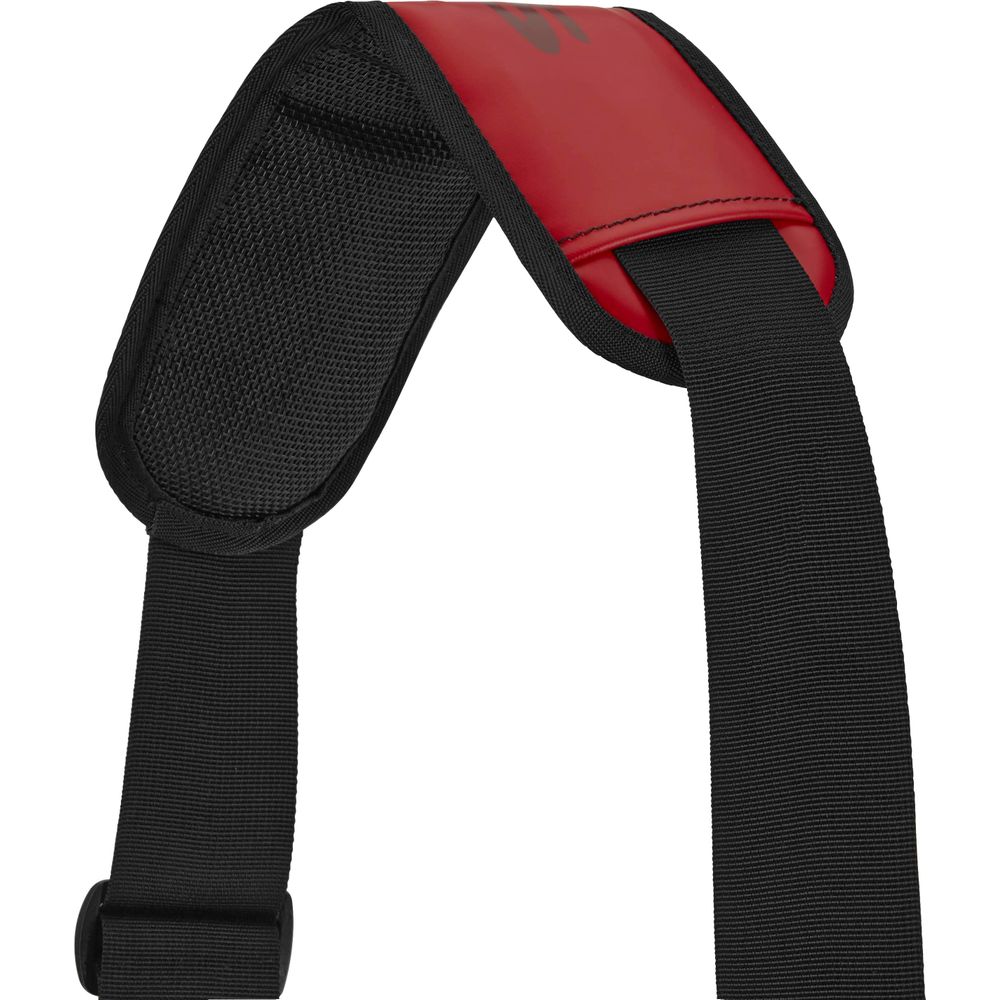 The NRS High Roll Duffel Dry Bag comes with a black and red shoulder strap featuring an adjustable webbing, padded section, and is crafted from PVC-Free TobaTex.