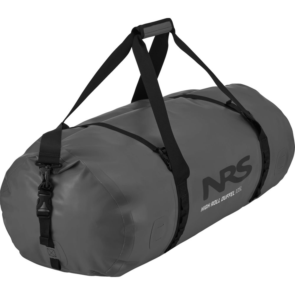 The High Roll Duffel Dry Bag by NRS is a gray, cylindrical duffel crafted from durable PVC, featuring black straps and branded with "NRS" on the side.