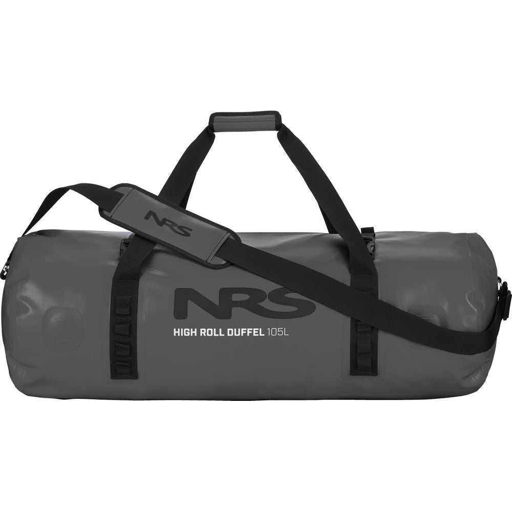 A large gray duffel bag with black straps and a shoulder pad, made of durable PVC and labeled "NRS High Roll Duffel Dry Bag," features a StormStrip closure to keep your gear safe and dry.