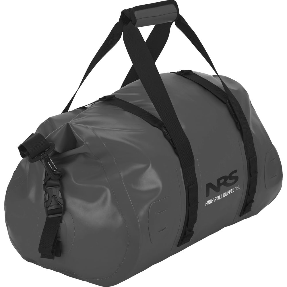 A High Roll Duffel Dry Bag by NRS, with durable PVC construction and black straps and buckles, is displayed in gray against a white background.
