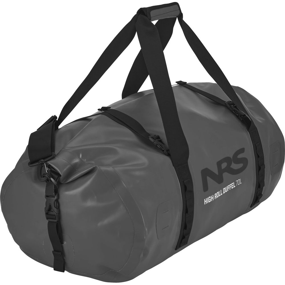 An NRS High Roll Duffel Dry Bag in black, with adjustable straps, secure buckles, and a StormStrip™ closure to keep your gear dry.