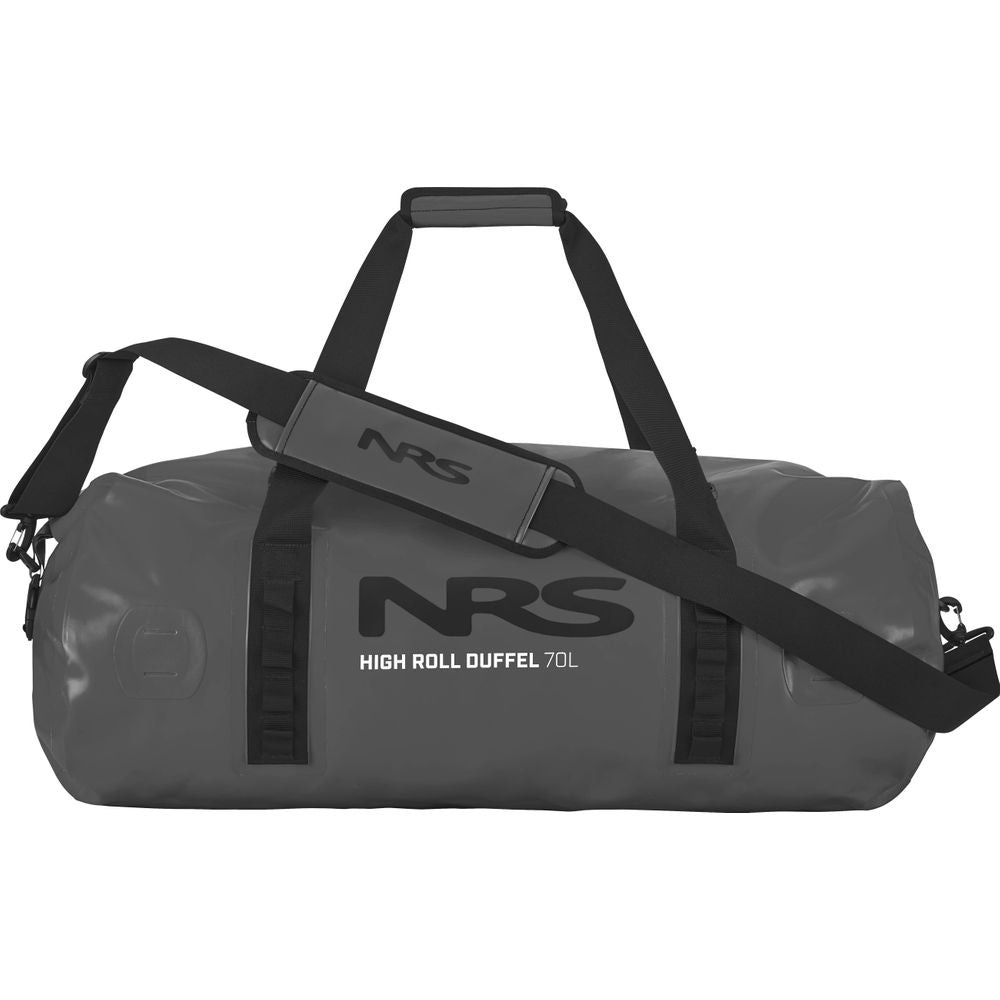 The NRS High Roll Duffel Dry Bag is gray with sturdy PVC, a 70L capacity, black straps and handles, branding on the side and top, and a StormStrip closure to keep essentials secure like in dry bags.