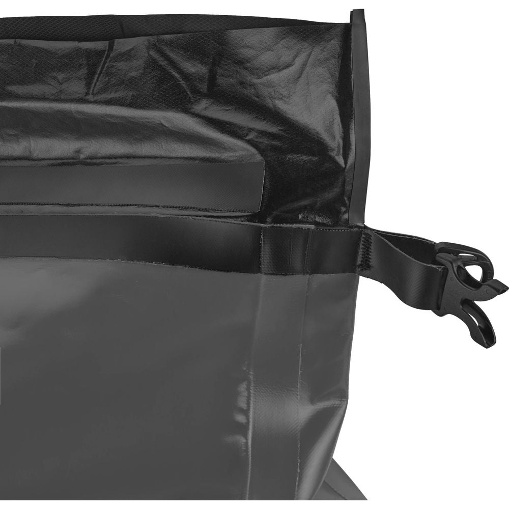 Close-up of a black High Roll Duffel Dry Bag by NRS, showcasing its durable PVC construction and secure StormStrip closure, focusing on the top part and strap.