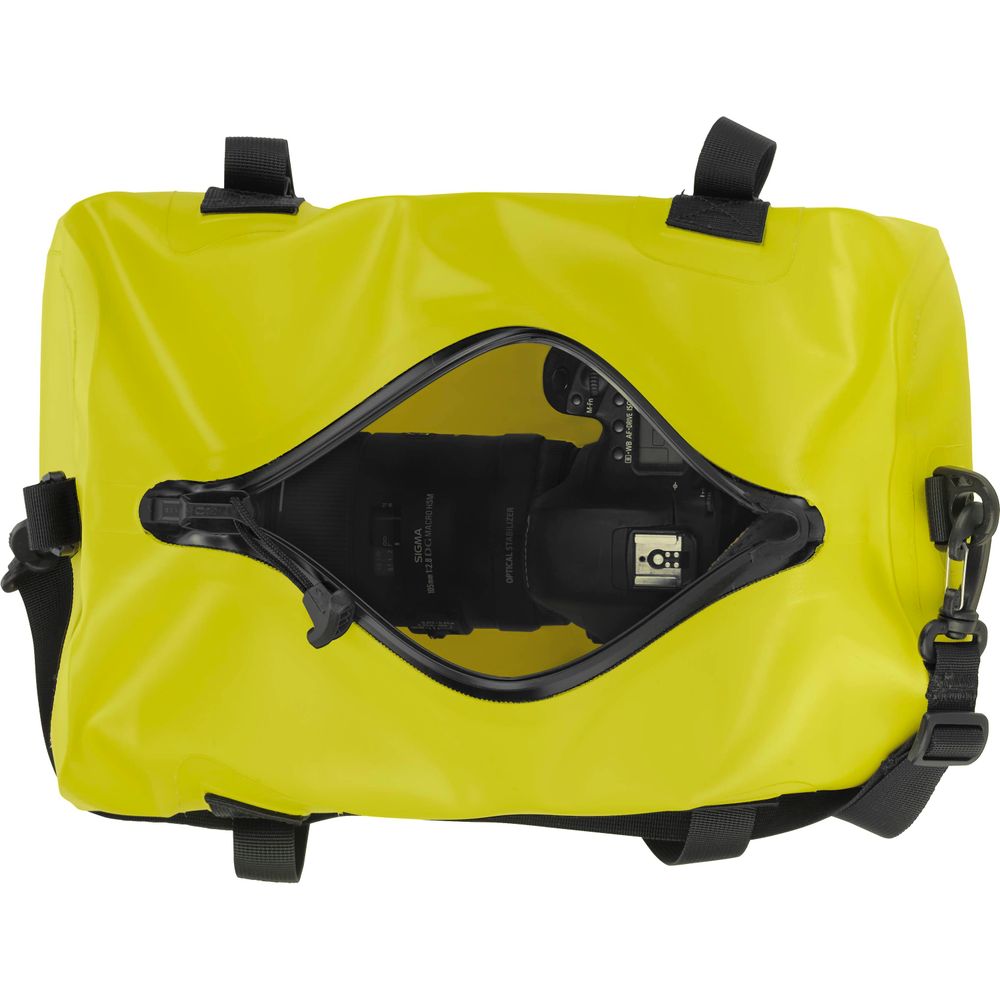 The NRS Expedition DriDuffel is a yellow waterproof bag featuring a clear plastic window to reveal its contents, such as a camera, and is made from PVC-free material for an eco-friendly option.