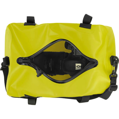 The NRS Expedition DriDuffel is a yellow waterproof bag featuring a clear plastic window to reveal its contents, such as a camera, and is made from PVC-free material for an eco-friendly option.