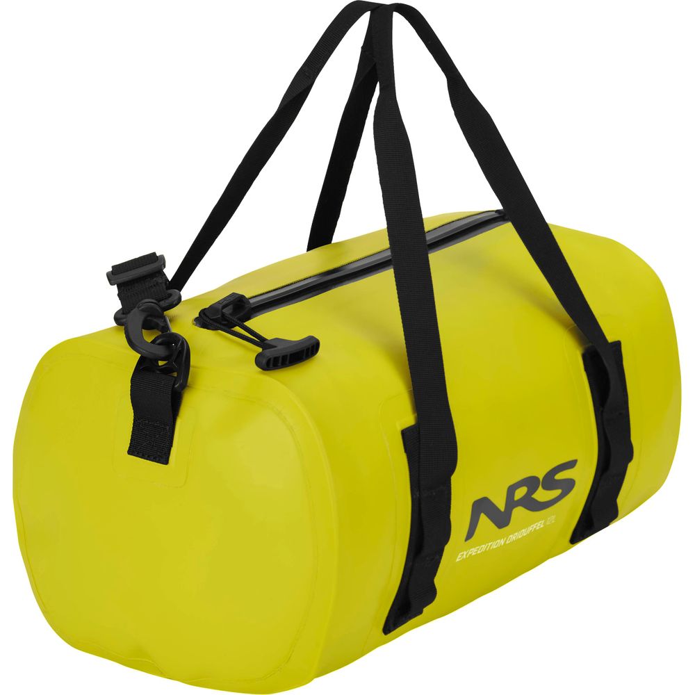 An Expedition DriDuffel, a yellow waterproof duffel bag by NRS, includes black straps, TRU Zip closure, PVC-free material, and the NRS logo.