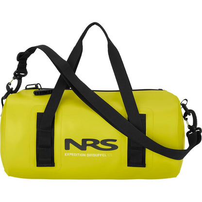 The NRS Expedition DriDuffel is a yellow waterproof duffel with black straps, TRU Zip closure, and "NRS Expedition DriDuffel 12L" printed on the side, made from eco-friendly PVC-free material.