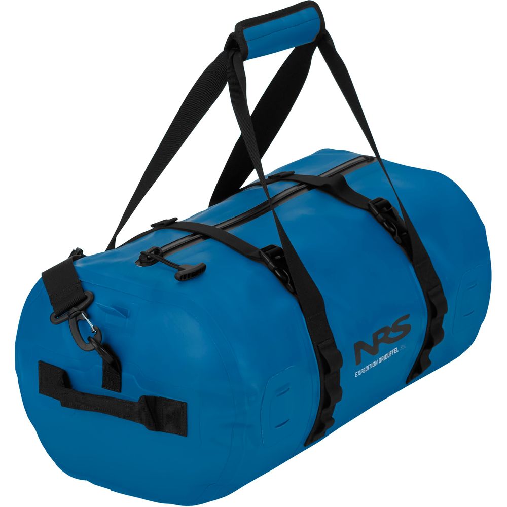 The blue Expedition DriDuffel by NRS features black straps, a white logo, and a TRU Zip zipper to keep your gear dry.