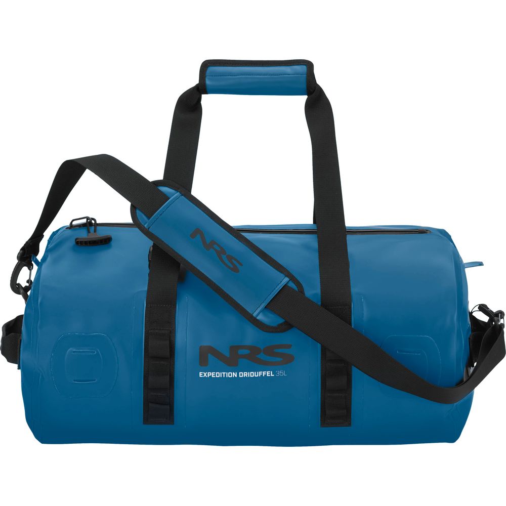 The blue NRS Expedition DriDuffel 35L features black straps, a shoulder pad, "Expedition DriDuffel 35L" text on the side, is crafted from PVC-free material, and offers a TRU Zip closure for enhanced waterproof protection, perfect for your adventures.