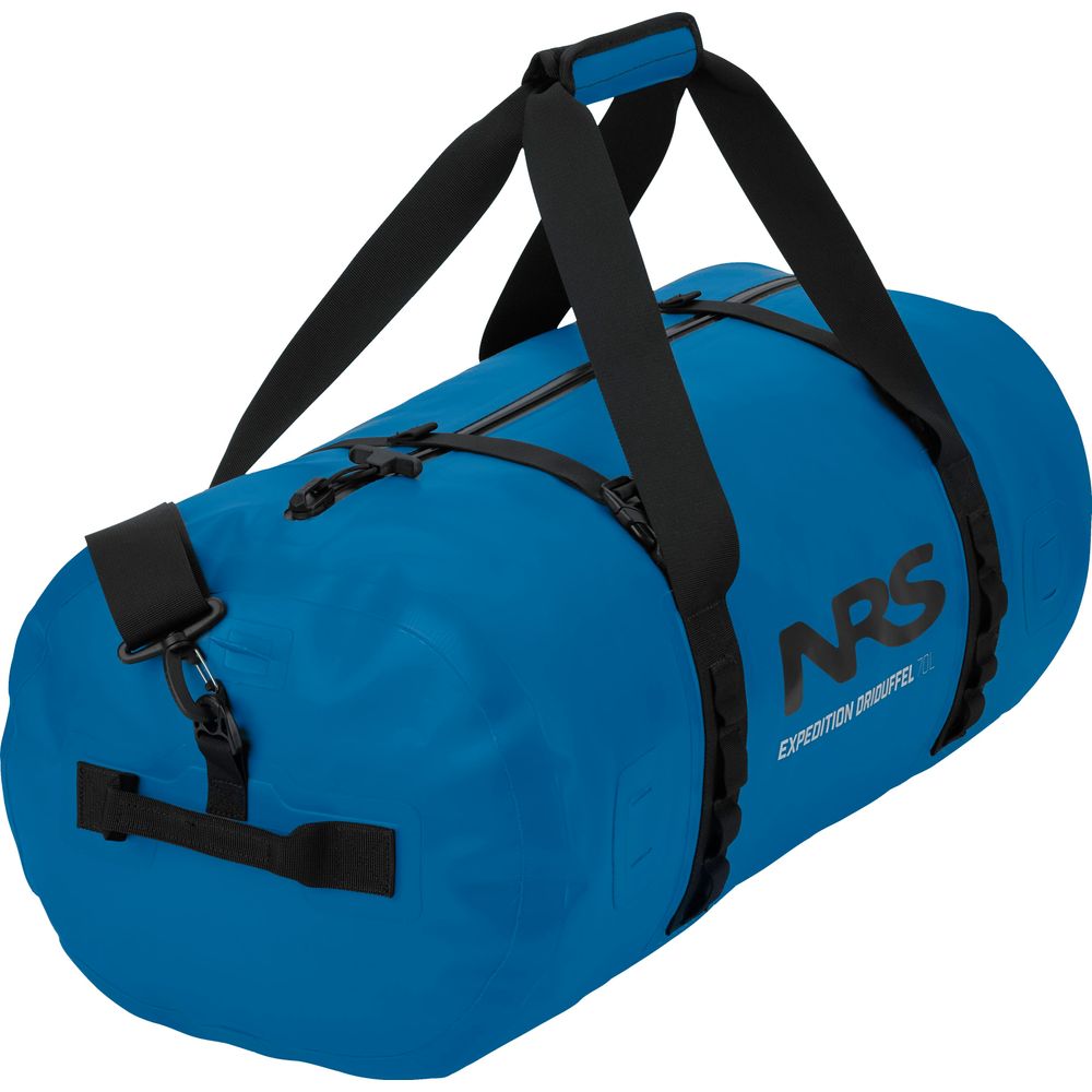 The NRS Expedition DriDuffel, crafted from PVC-free material, is blue with black straps and a TRU Zip closure for waterproof protection, showcased against a white background.