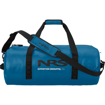 The NRS Expedition DriDuffel, with a 70L capacity, is crafted from PVC-free material. It features black straps, a shoulder pad, and a TRU Zip closure for waterproof protection, all set against a plain white backdrop.