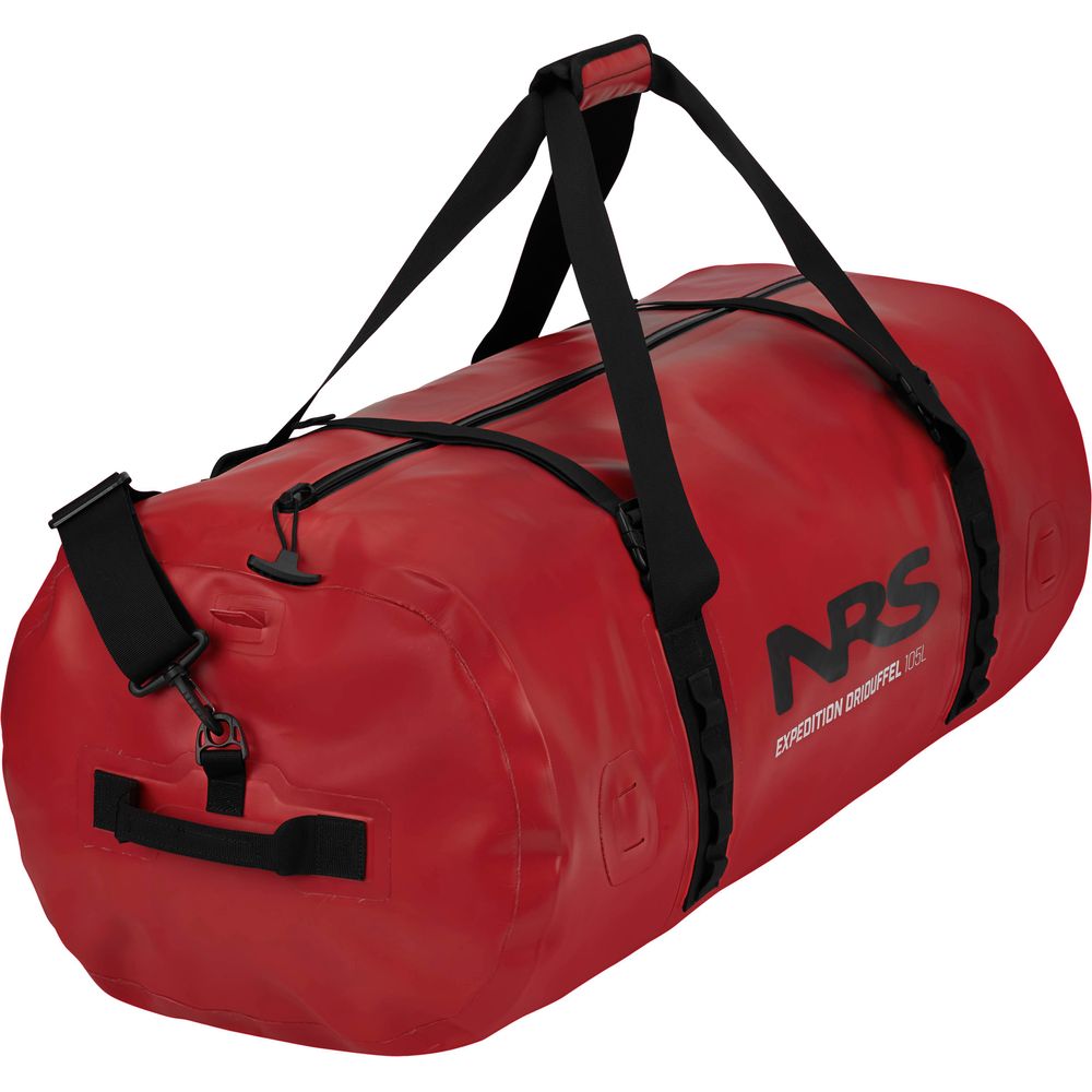 The NRS Expedition DriDuffel is a vibrant red bag with black straps and the NRS logo on the side, featuring a TRU Zip zipper for complete waterproof protection.
