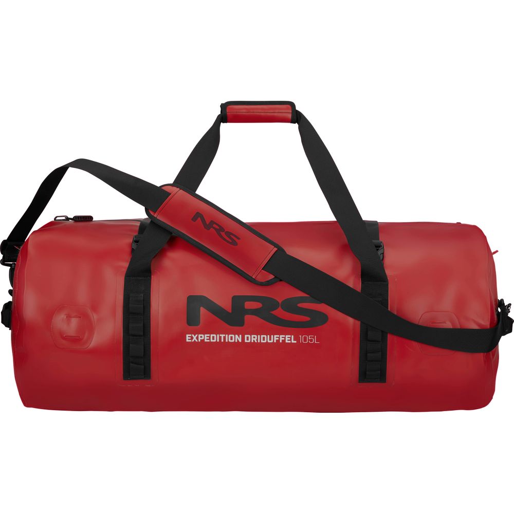 The NRS Expedition DriDuffel, in red, features a TRU Zip zipper with black straps and logo. This waterproof duffel offers a spacious 105L capacity, ideal for adventurous travels.