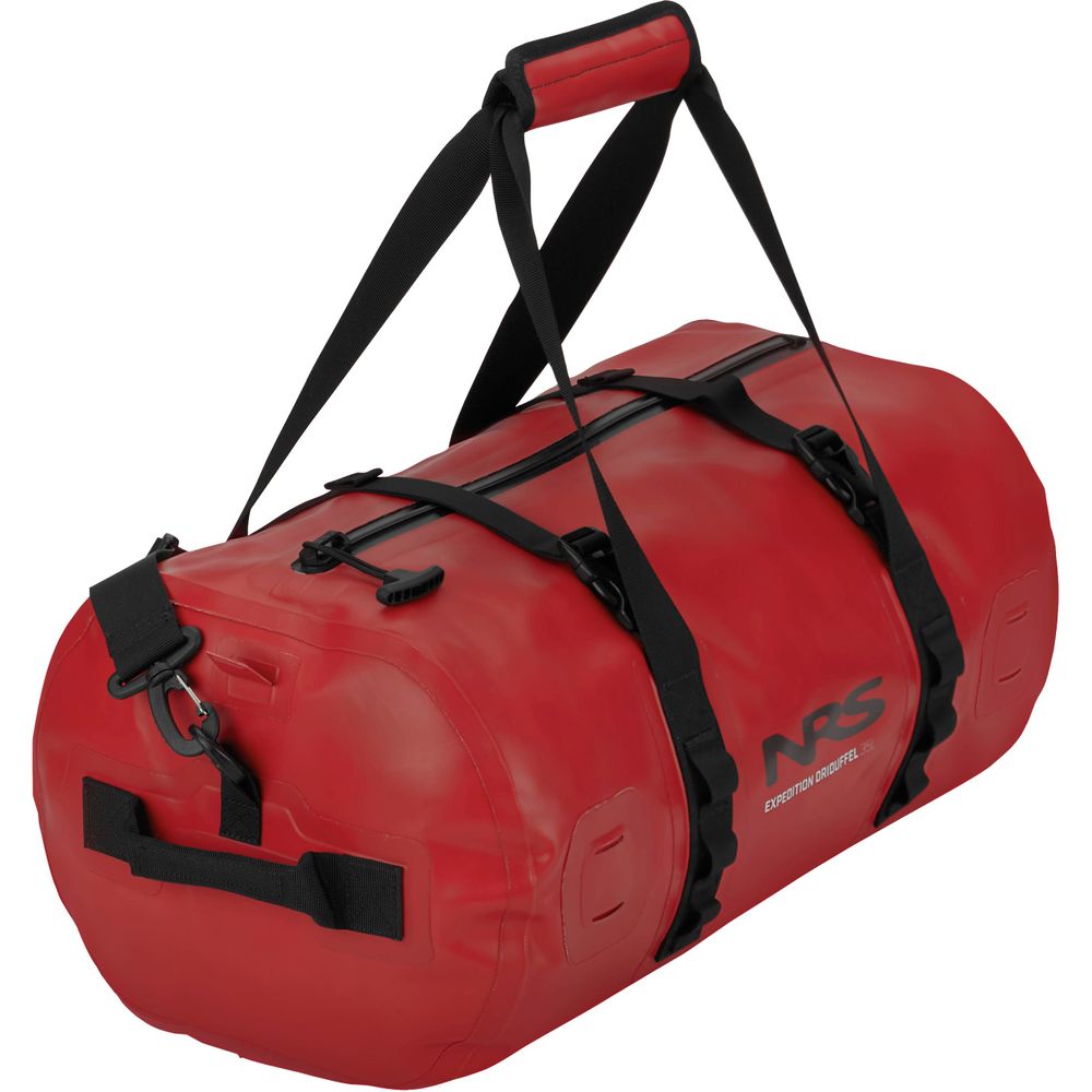 The red barrel-shaped Expedition DriDuffel by NRS features a TRU Zip zipper, black straps, and the NRS logo on the side. This waterproof duffel is perfect for any adventure.
