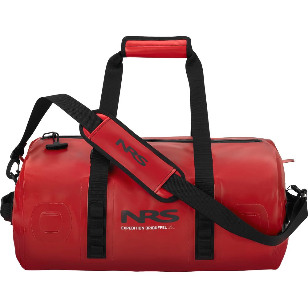 Red waterproof duffel bag called "NRS Expedition DriDuffel," crafted from PVC-free material with black straps and a TRU Zip closure, featuring 35L branding.