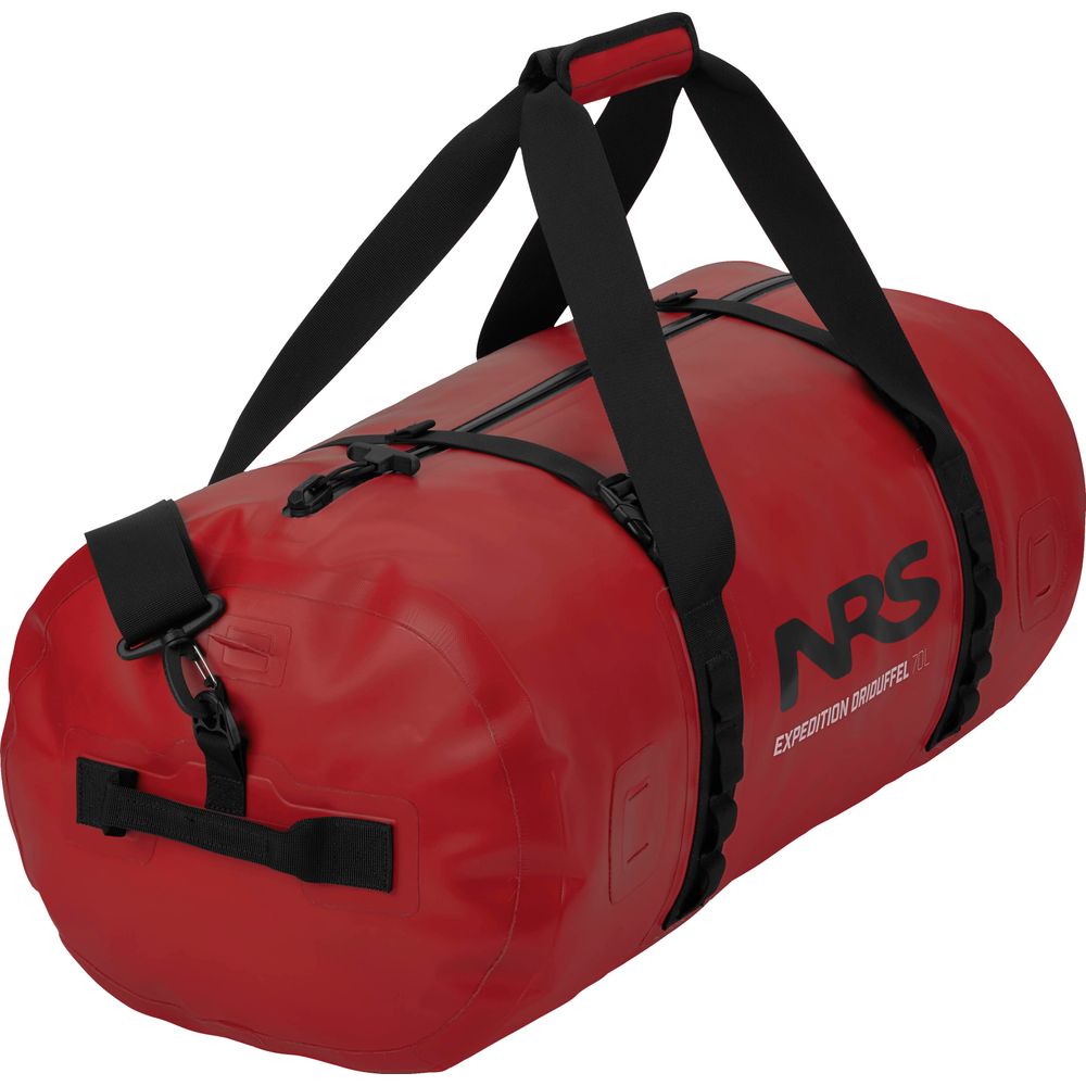 This NRS Expedition DriDuffel is a red waterproof cylindrical duffel bag with black straps and a TRU Zip zipper, featuring its name stylishly printed on the side for your adventures.