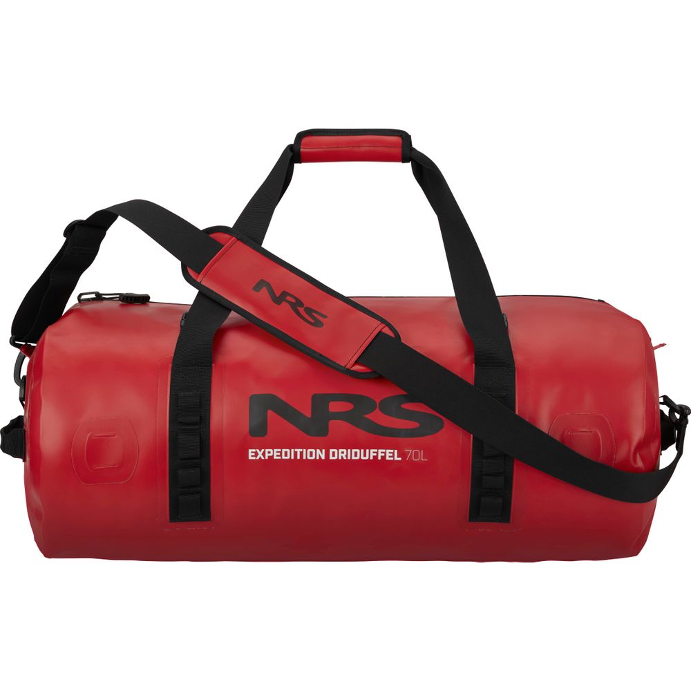 The NRS Expedition DriDuffel in red offers a durable 70L capacity with black handles and strap. Its waterproof design, featuring the reliable TRU Zip zipper, keeps your gear dry and secure.