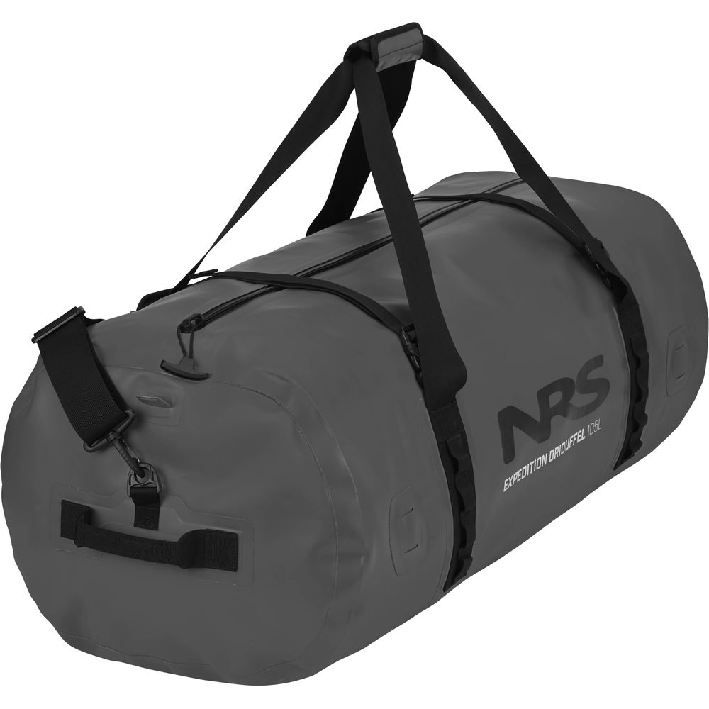 Gray NRS Expedition DriDuffel with black straps features its name on the side. Made from PVC-free material, this 110L waterproof duffel includes a TRU Zip closure to keep your gear dry and secure on any journey.