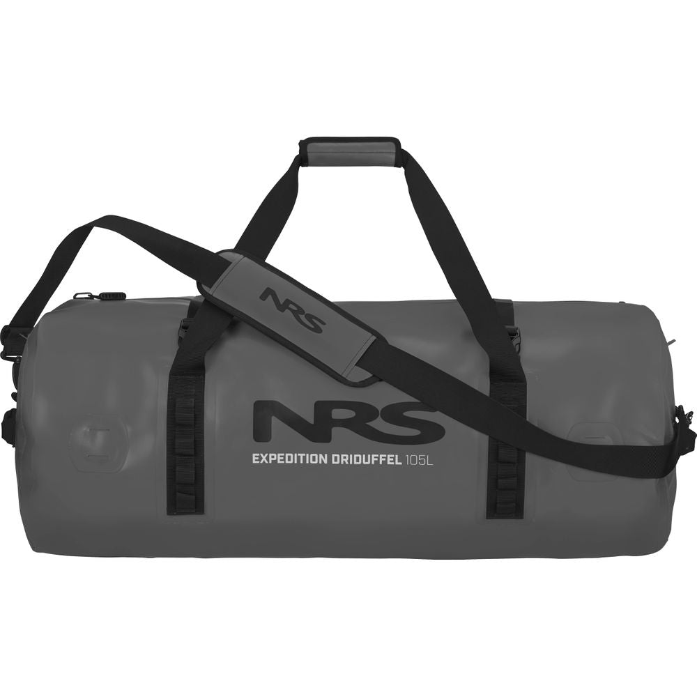 The NRS Expedition DriDuffel is a gray cylindrical waterproof duffel bag with black handles and straps. It features a TRU Zip closure for secure sealing and is crafted from PVC-free material, emphasizing durability and environmental consciousness.