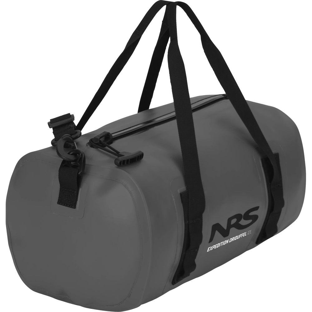 The gray Expedition DriDuffel by NRS is a waterproof duffel bag with black straps, the NRS logo, and features a TRU Zip zipper for secure closure.