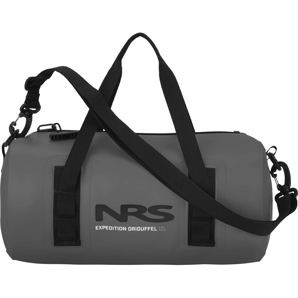 Gray waterproof duffel bag features black straps, TRU Zip zipper, and displays "NRS Expedition DriDuffel" on its side.