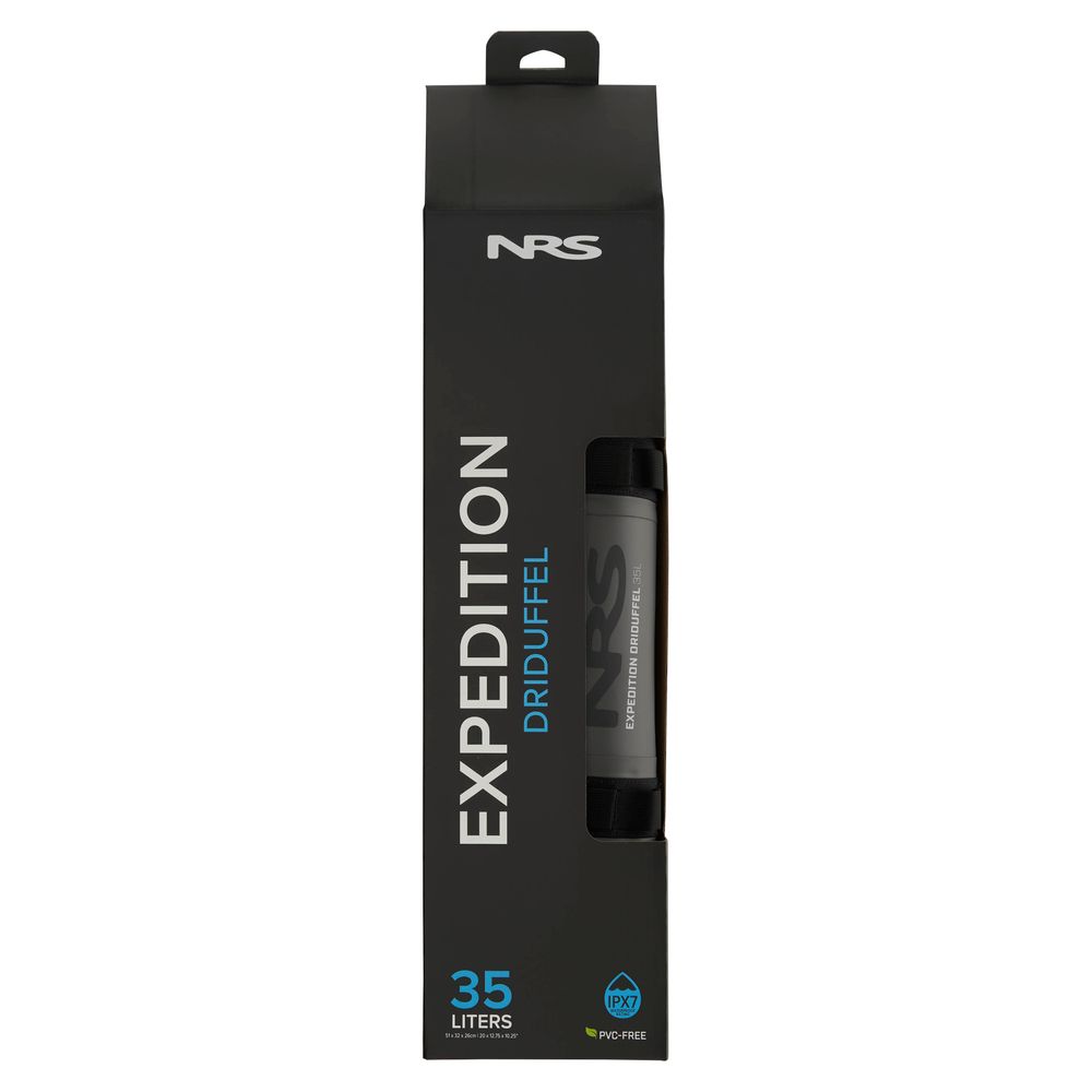 Box reveals an NRS Expedition DriDuffel (35L) with a TRU Zip closure. Packaging in black features white and teal text, emphasizing its PVC-free material and waterproof duffel design.