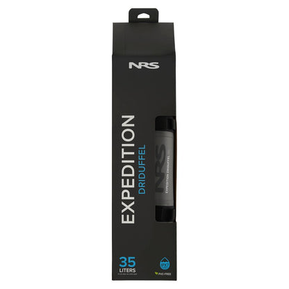 Box reveals an NRS Expedition DriDuffel (35L) with a TRU Zip closure. Packaging in black features white and teal text, emphasizing its PVC-free material and waterproof duffel design.