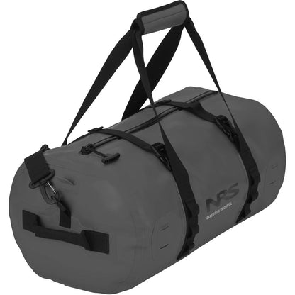 The NRS Expedition DriDuffel is a gray, cylindrical bag with black straps and handles, crafted from PVC-free material and featuring a TRU Zip closure and logo. This waterproof duffel keeps your belongings dry in any condition.